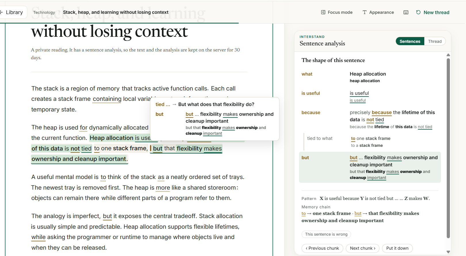 InterStand deep sentence analysis: the shape of a long English sentence drawn on an article, trunk and cue words marked