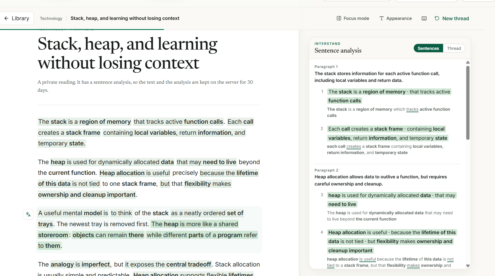 InterStand paragraph analysis: each sentence's trunk and key words marked across a paragraph, with notes beside the text