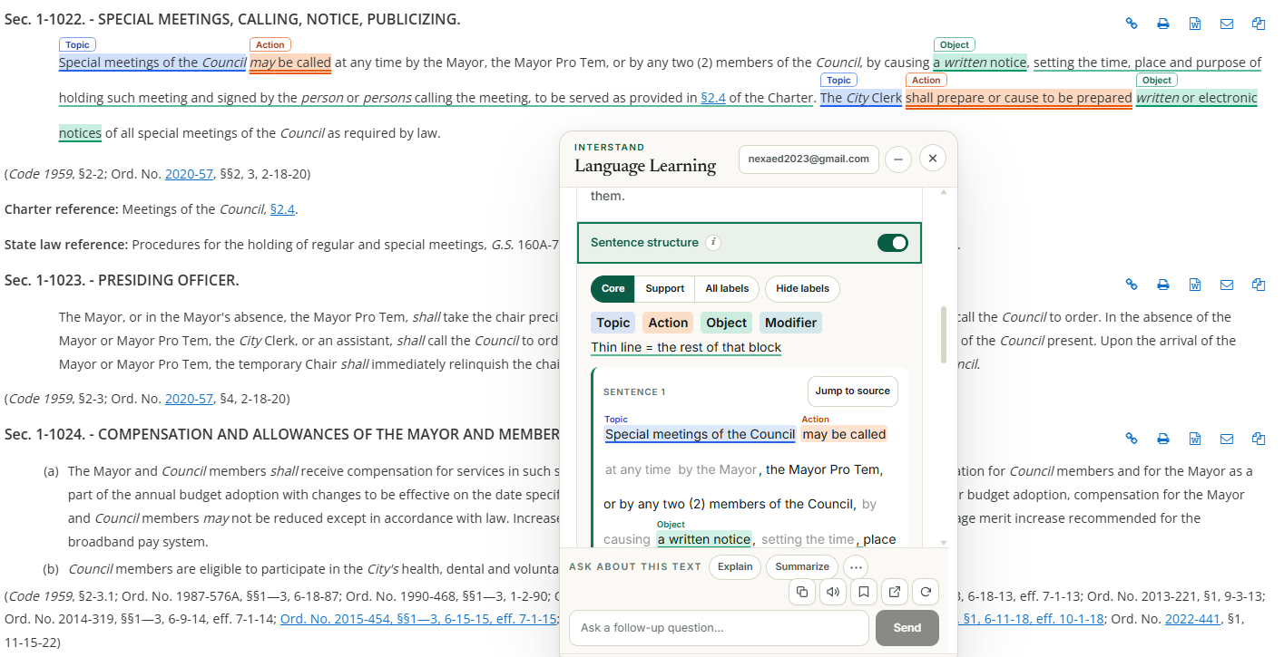 InterStand sentence grammar analysis: topic, action and object labels on an English sentence in the Language Learning panel